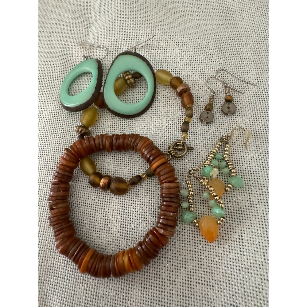 2 Bracelets & 3 Pair Earring Long Pierced Ear Brown Western Boho Women's Fashion